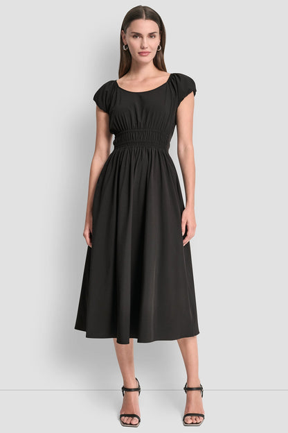 Black DKNY PUFF SLEEVE FIT & FLARE MIDI DRESS