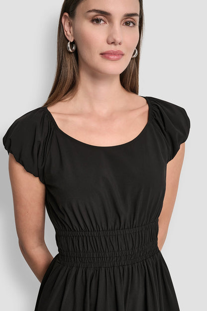 Black DKNY PUFF SLEEVE FIT & FLARE MIDI DRESS