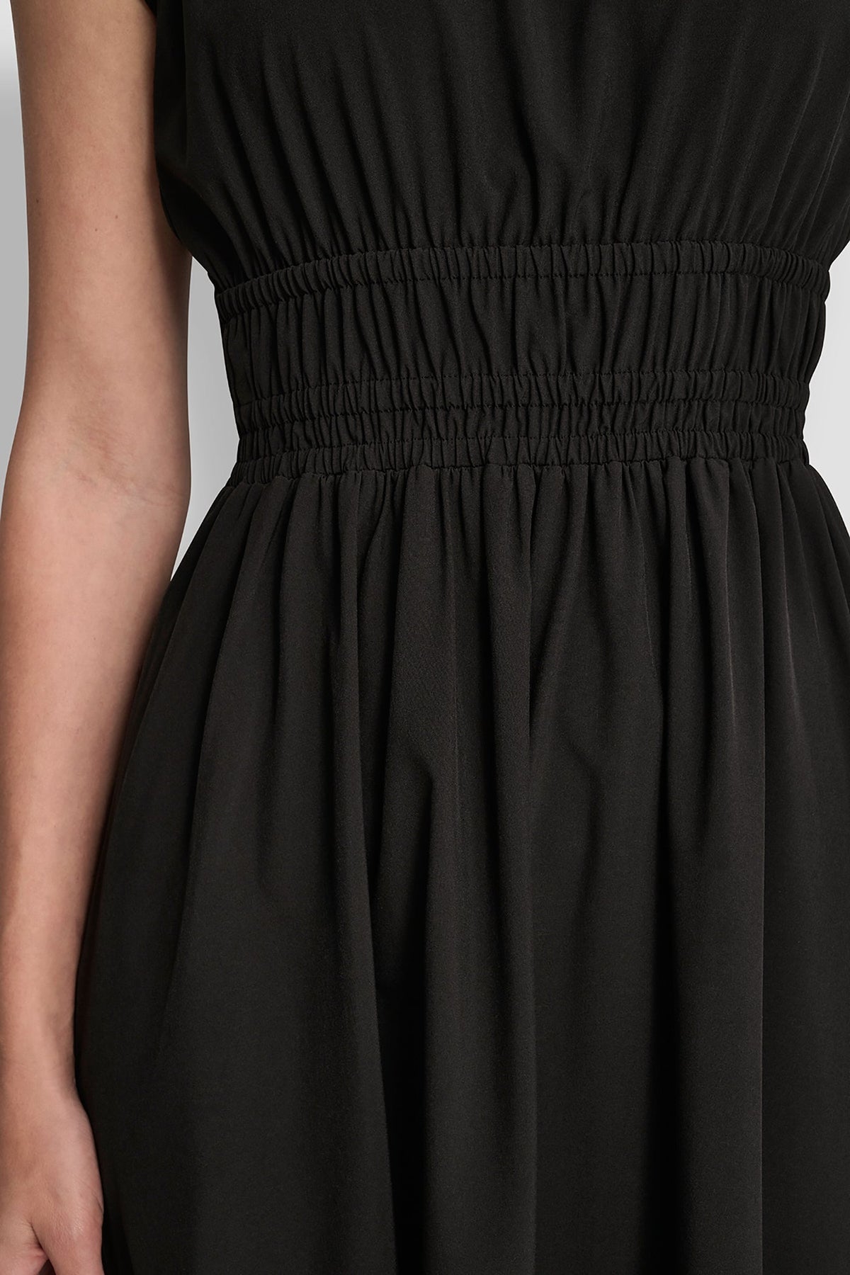 Black DKNY PUFF SLEEVE FIT & FLARE MIDI DRESS
