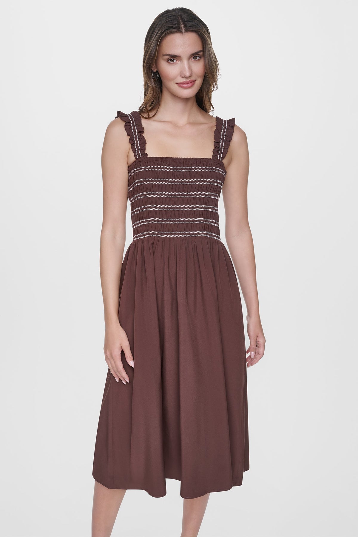 Black DKNY SLEEVELESS SMOCKED MIDI A-LINE DRESS