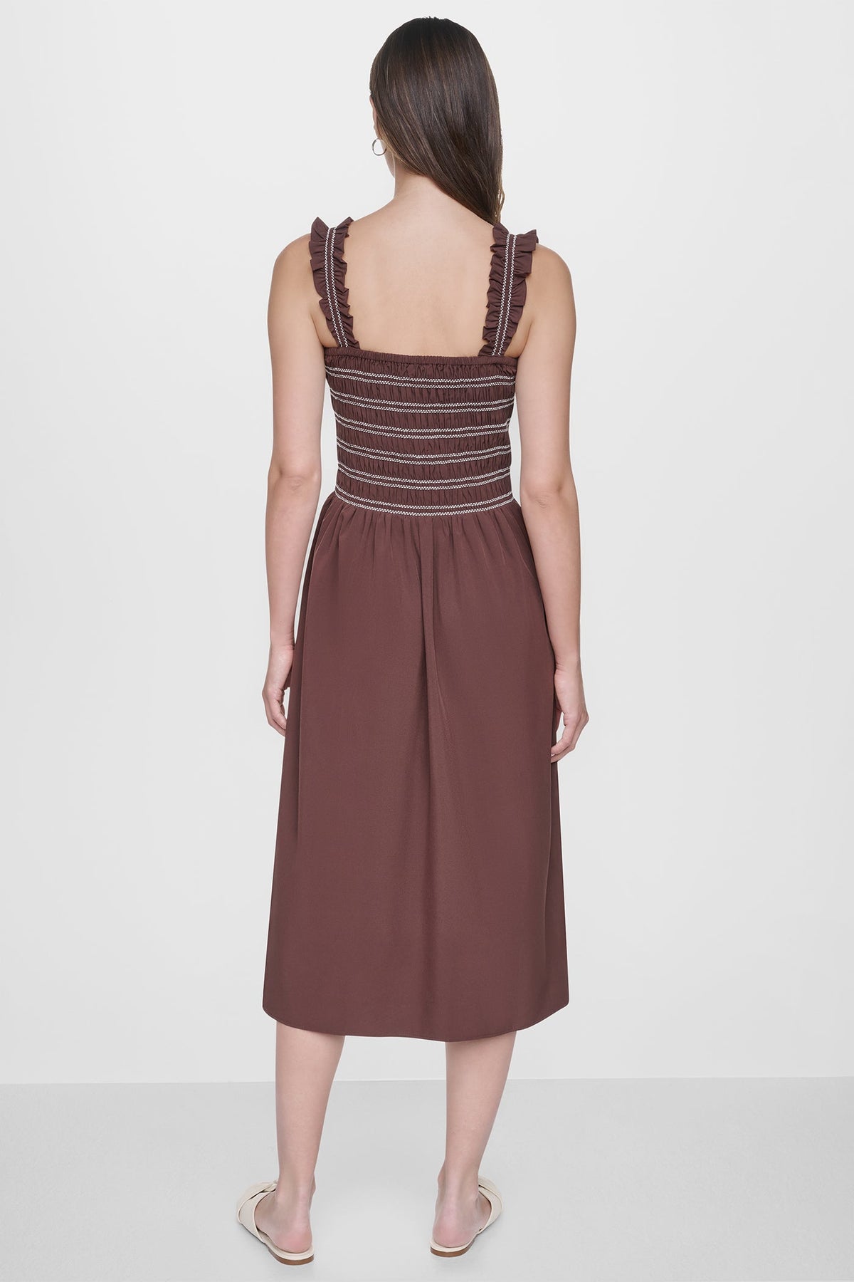 Black DKNY SLEEVELESS SMOCKED MIDI A-LINE DRESS