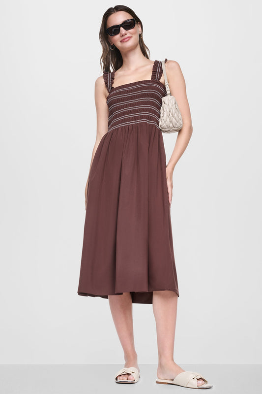 Java DKNY SLEEVELESS SMOCKED MIDI A-LINE DRESS