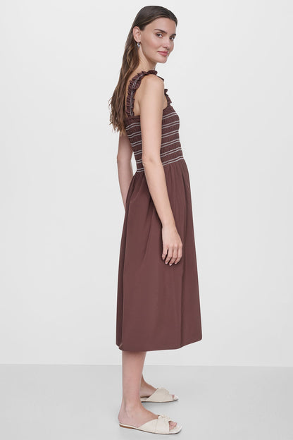 Java DKNY SLEEVELESS SMOCKED MIDI A-LINE DRESS