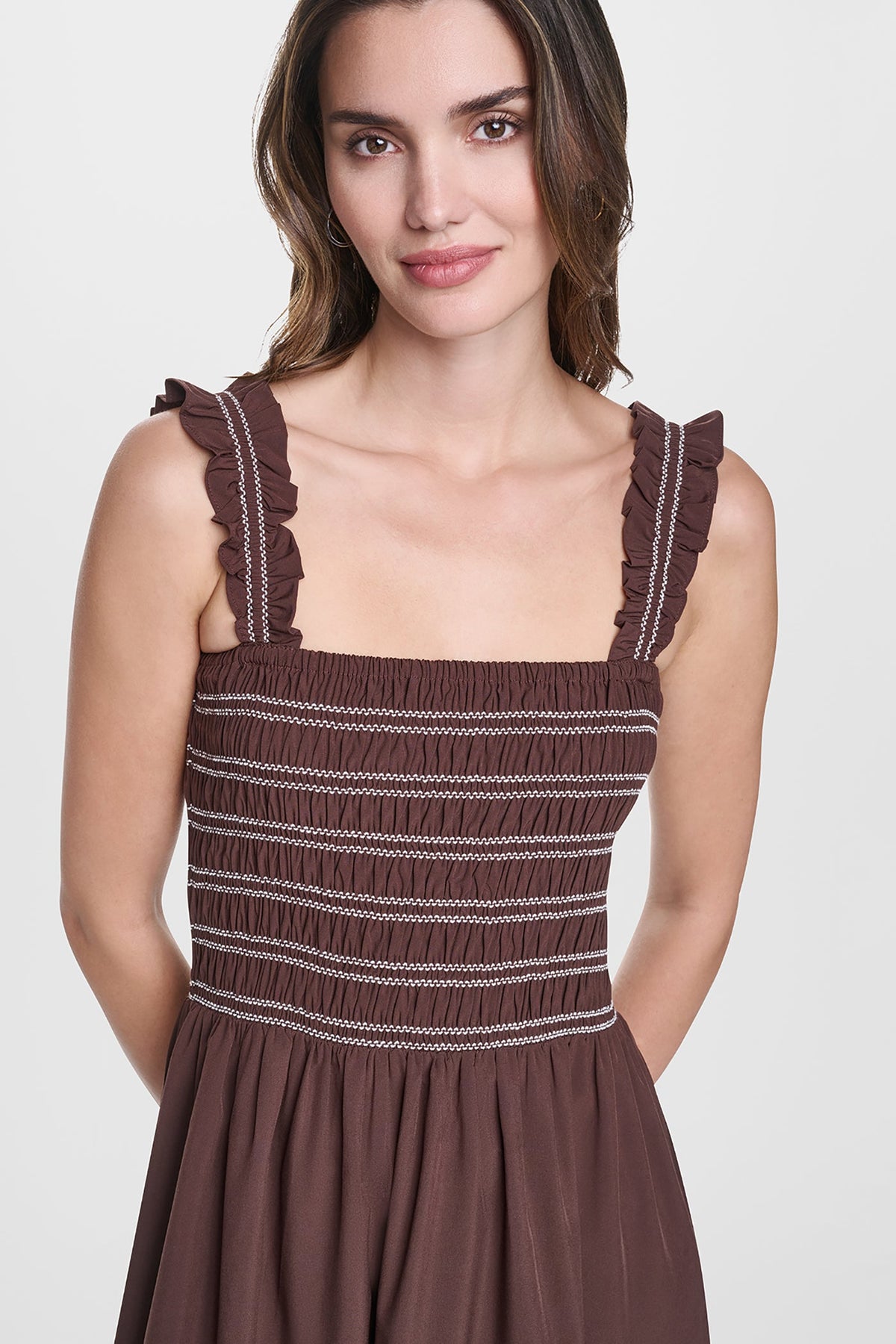 Java DKNY SLEEVELESS SMOCKED MIDI A-LINE DRESS