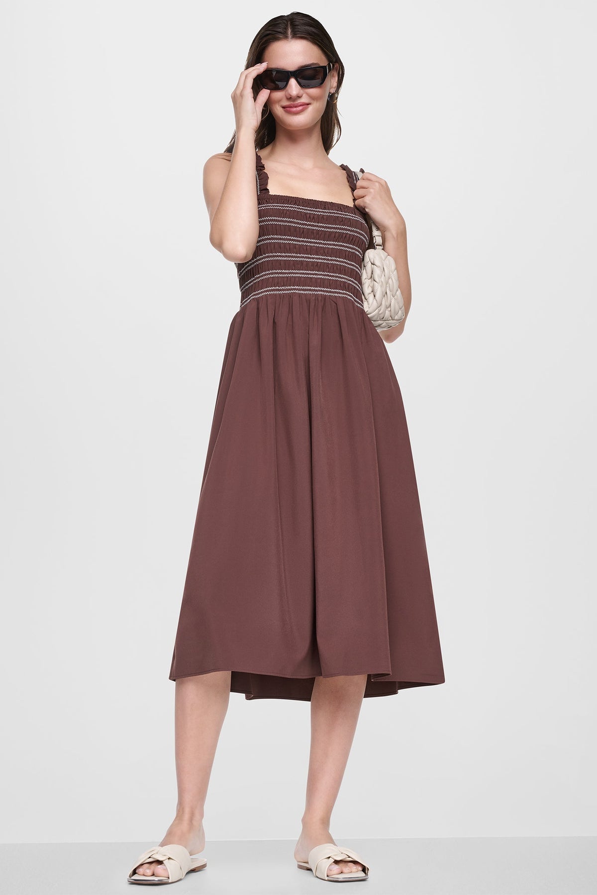 Java DKNY SLEEVELESS SMOCKED MIDI A-LINE DRESS