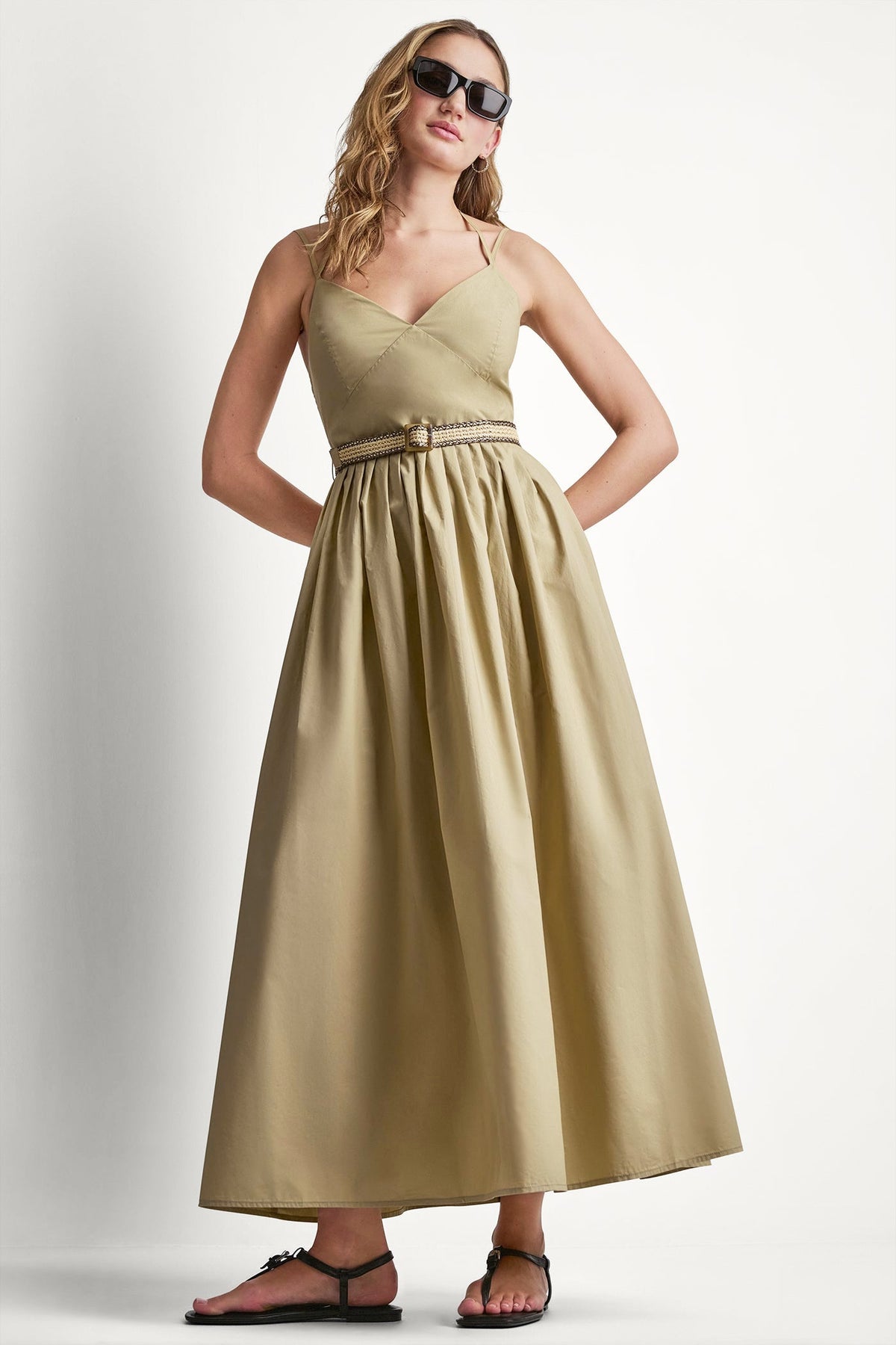 Travertine DKNY STRAPPY V-NECK MAXI DRESS WITH RAFFIA BELT