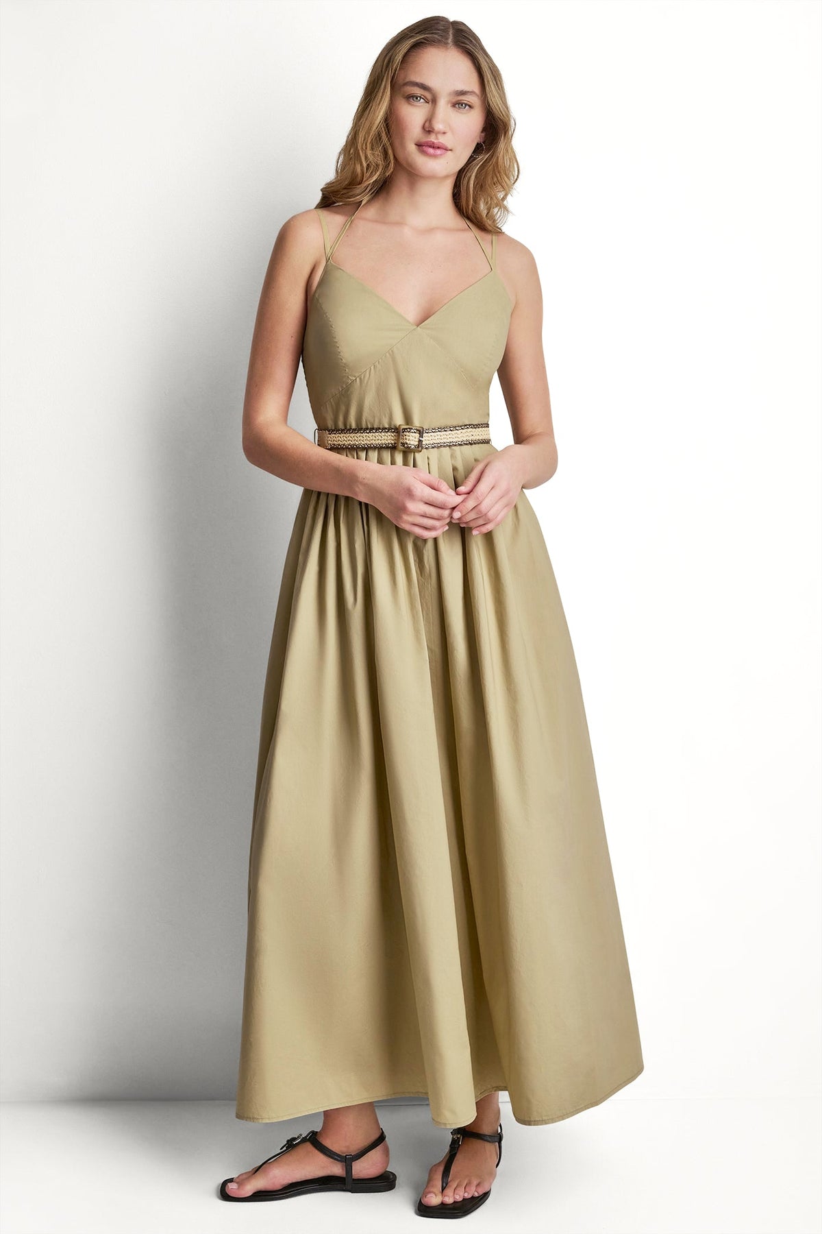 Travertine DKNY STRAPPY V-NECK MAXI DRESS WITH RAFFIA BELT
