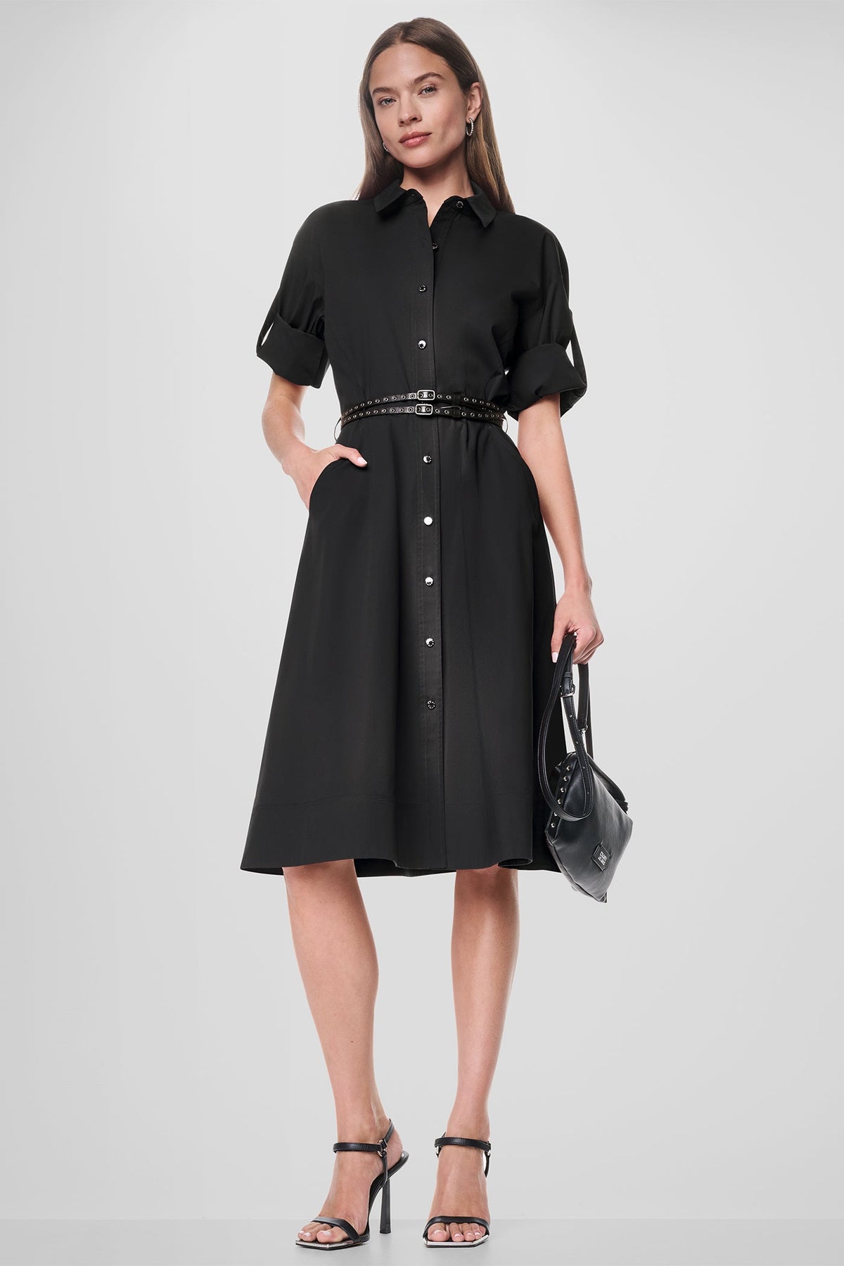 Black DKNY ROLL TAB BELTED POPLIN DRESS