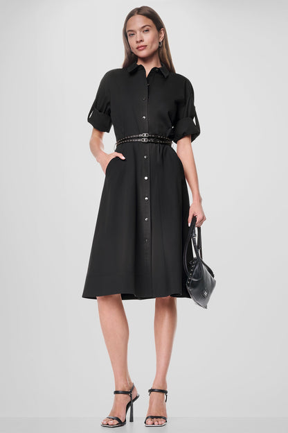 Black DKNY ROLL TAB BELTED POPLIN DRESS