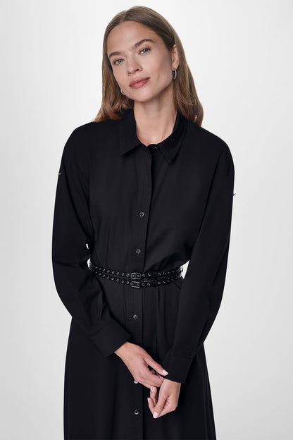 Black DKNY ROLL TAB BELTED POPLIN DRESS