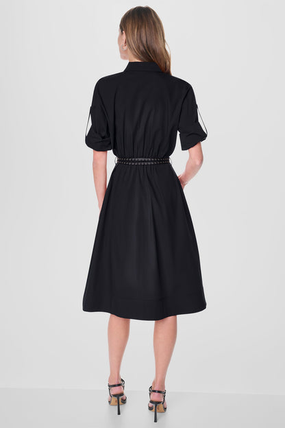 Black DKNY ROLL TAB BELTED POPLIN DRESS