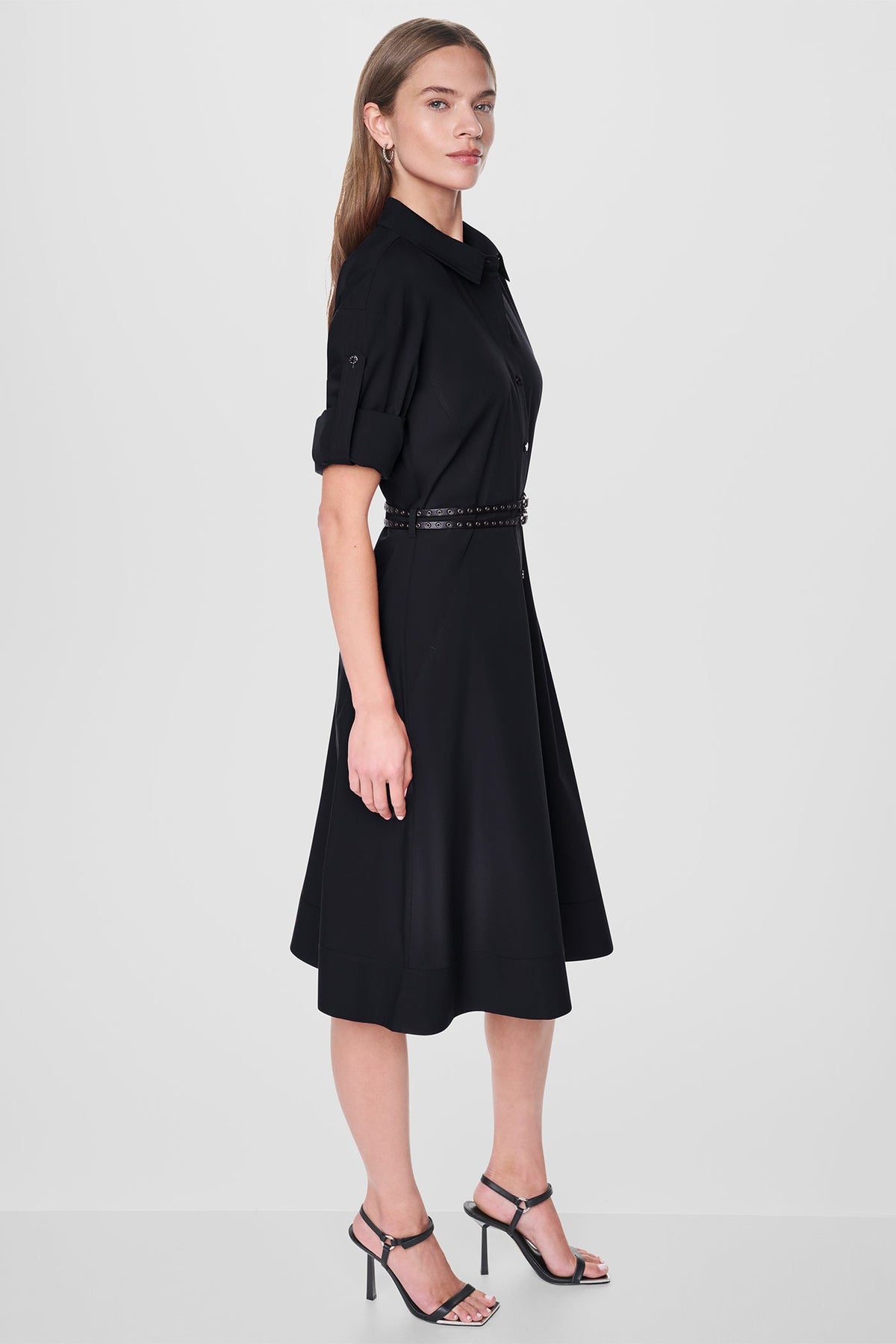 Black DKNY ROLL TAB BELTED POPLIN DRESS