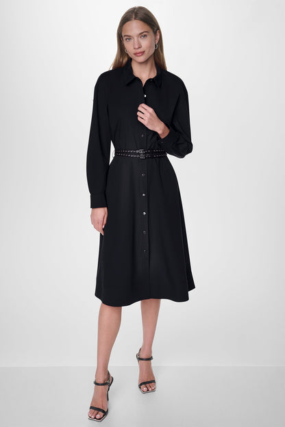 Black DKNY ROLL TAB BELTED POPLIN DRESS