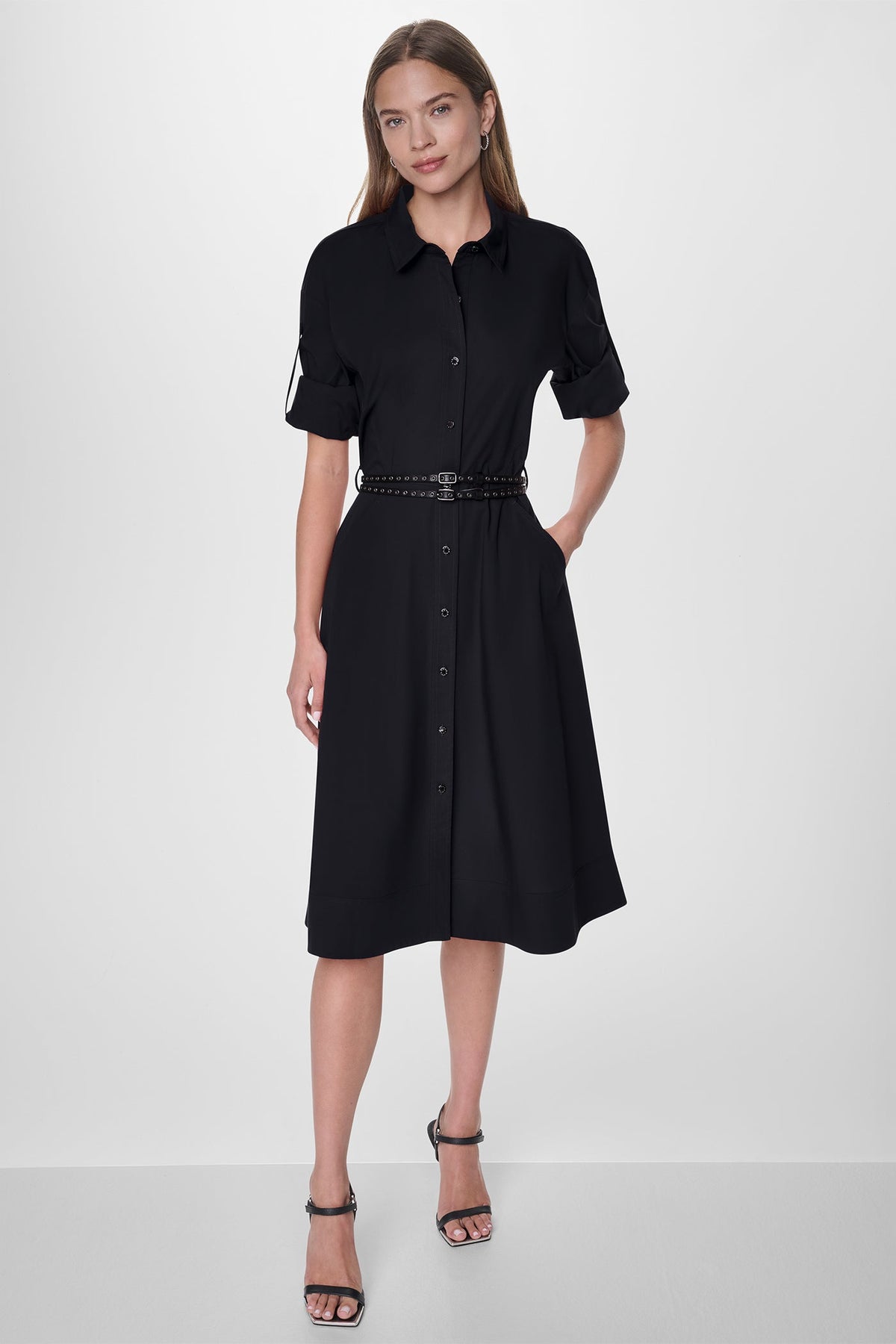 Black DKNY ROLL TAB BELTED POPLIN DRESS