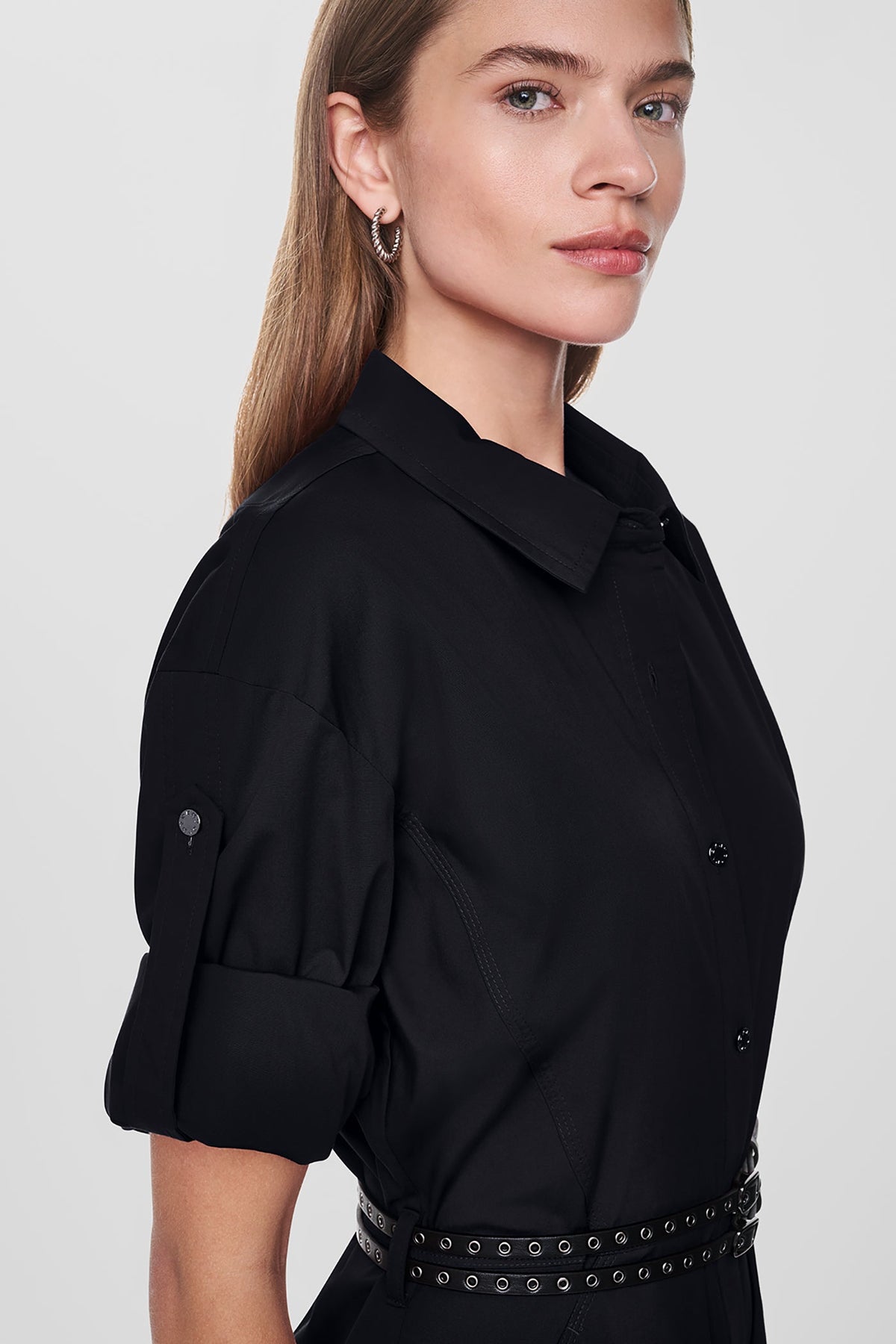 Black DKNY ROLL TAB BELTED POPLIN DRESS