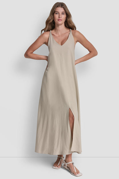 Pebble DKNY LINEN-BLEND TIE BACK MAXI DRESS