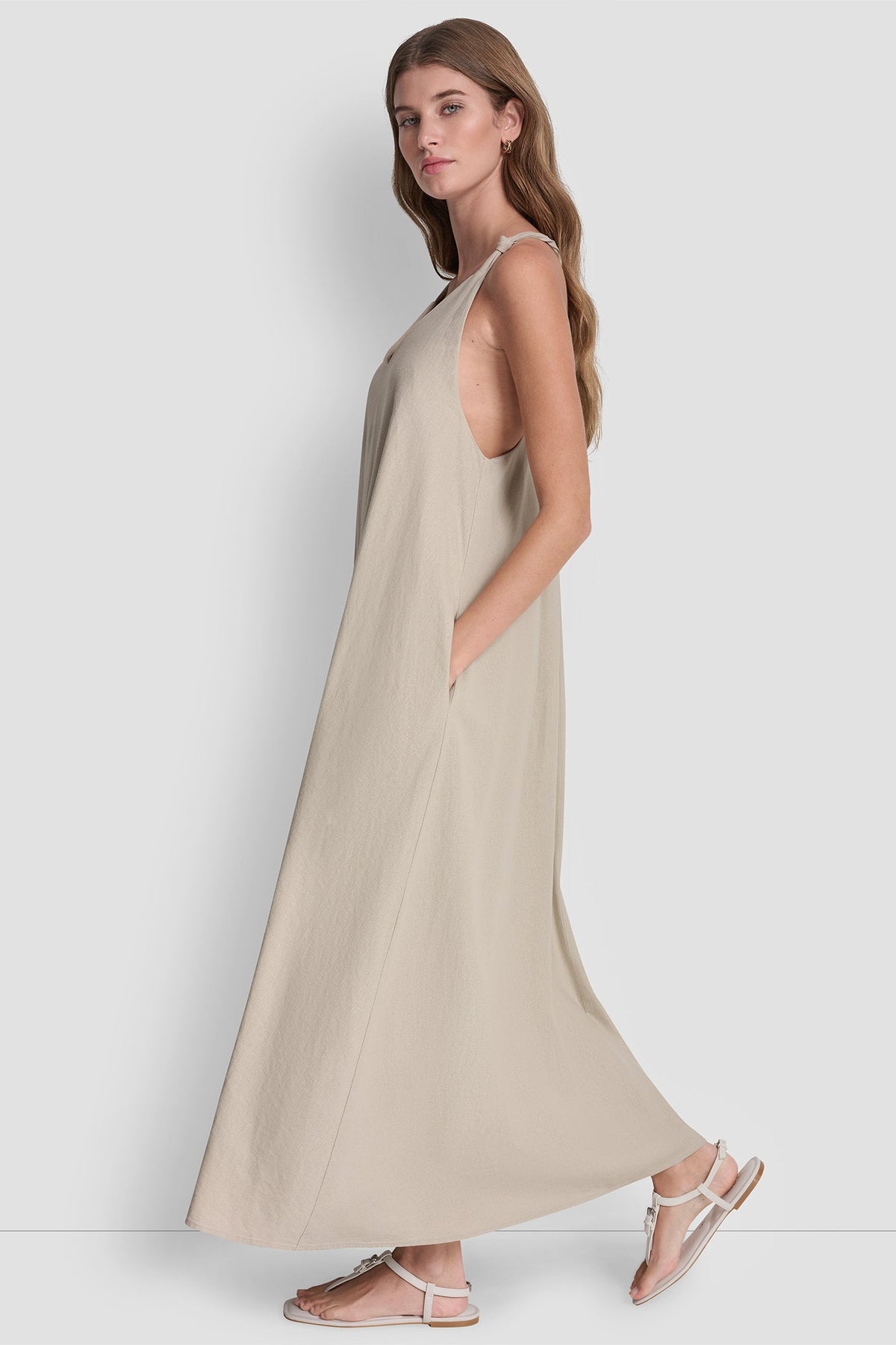 Pebble DKNY LINEN-BLEND TIE BACK MAXI DRESS