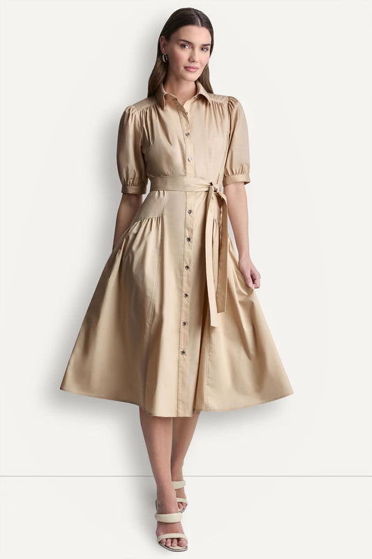Moonlight DKNY COTTON-BLEND DROP-WAIST MIDI SHIRT DRESS