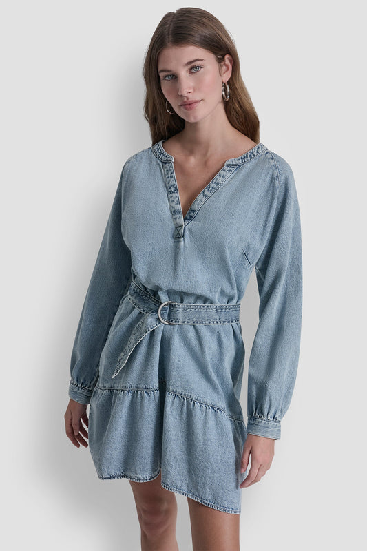 Reflection DKNY BELTED DENIM V-NECK DRESS