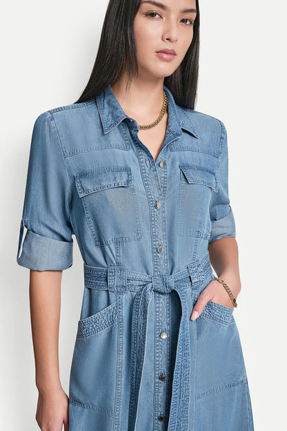 Stream DKNY LONG SLEEVE ROLL TAB TENCEL CARGO DRESS