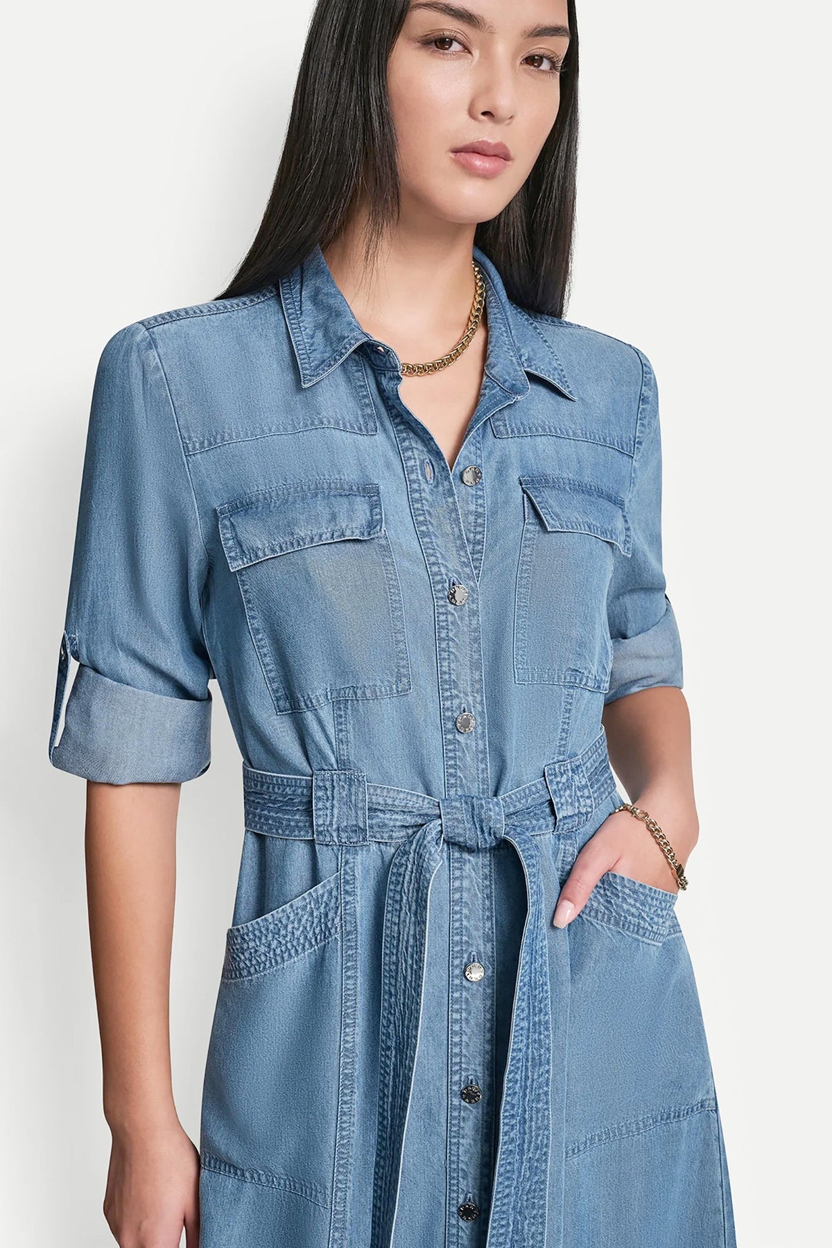 Stream DKNY LONG SLEEVE ROLL TAB TENCEL CARGO DRESS