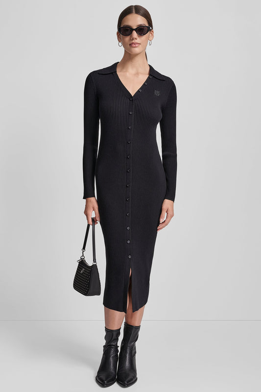 Black DKNY RIB-KNIT MIDI POLO DRESS