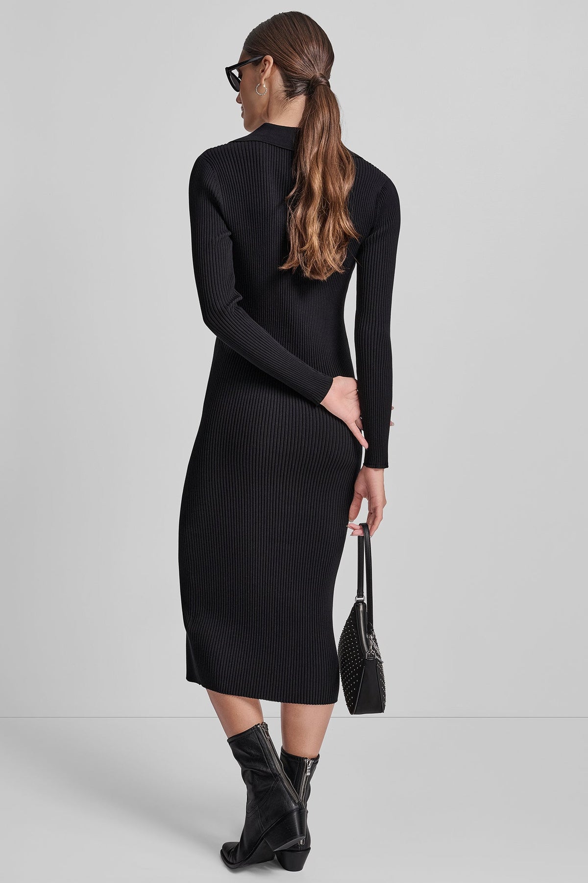 Black DKNY RIB-KNIT MIDI POLO DRESS