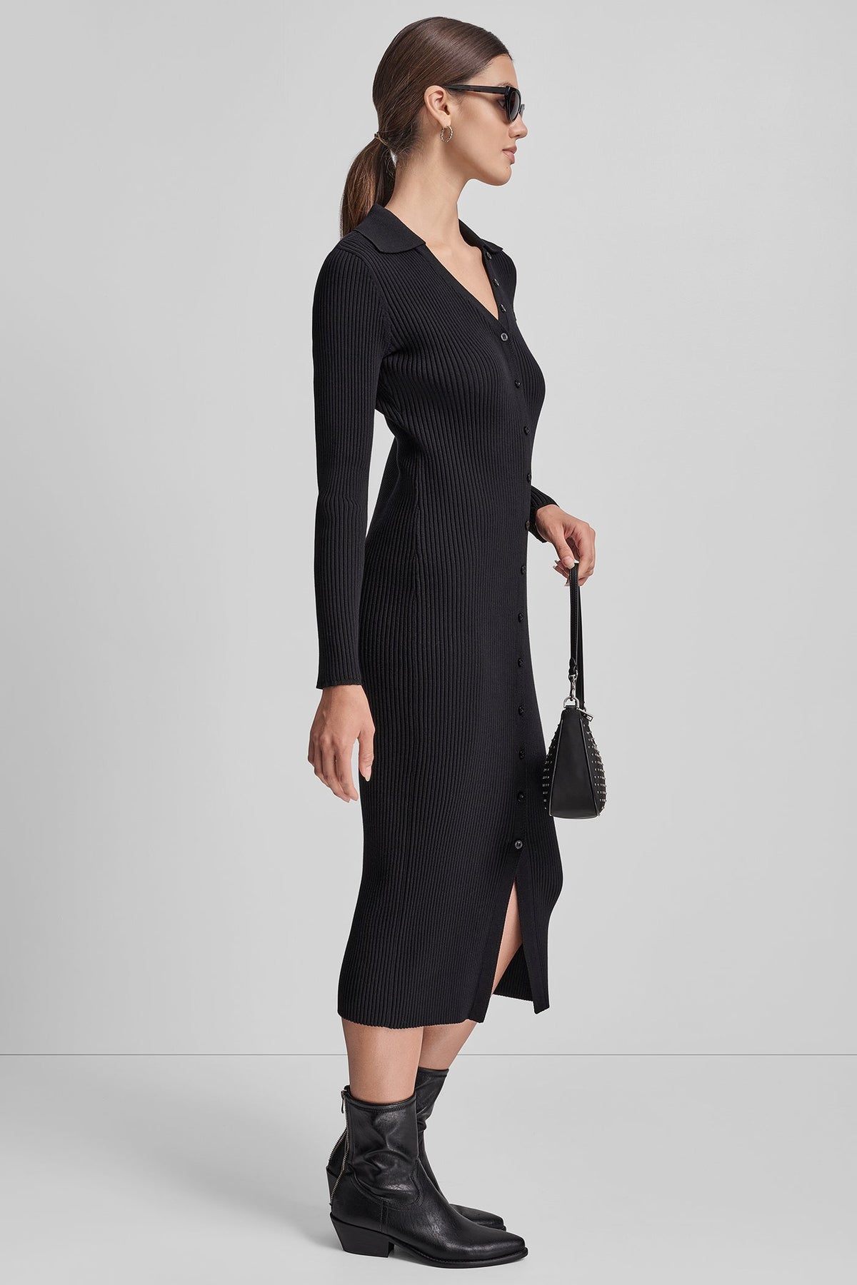 Black DKNY RIB-KNIT MIDI POLO DRESS