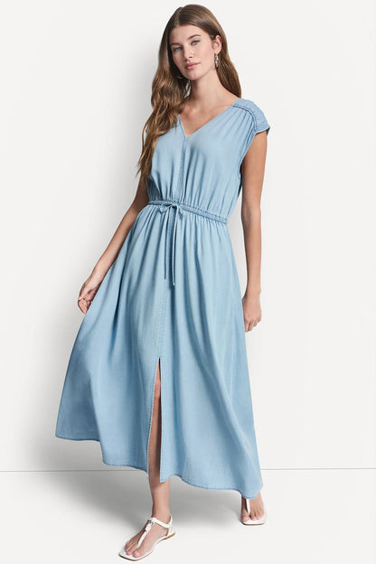 Chambray DKNY RUCHED V-NECK DRESS WITH TIE WAIST