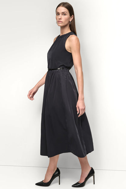 Indigo DKNY SLEEVELESS GATHERED MIDI A-LINE DRESS