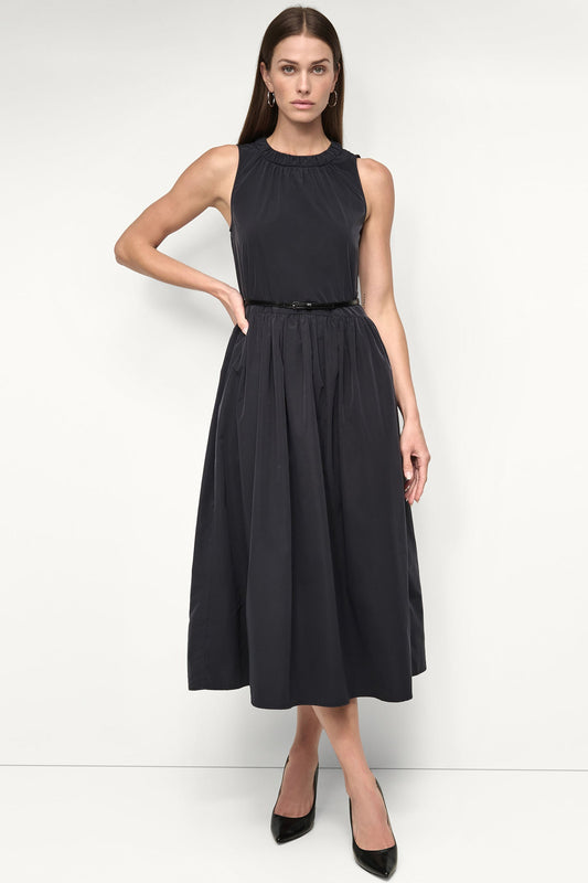 Black DKNY SLEEVELESS GATHERED MIDI A-LINE DRESS