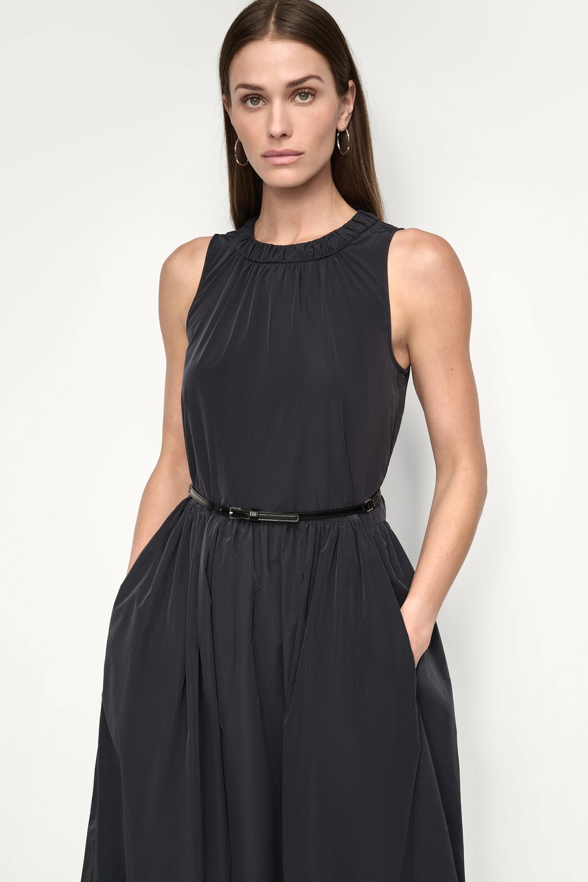 Black DKNY SLEEVELESS GATHERED MIDI A-LINE DRESS
