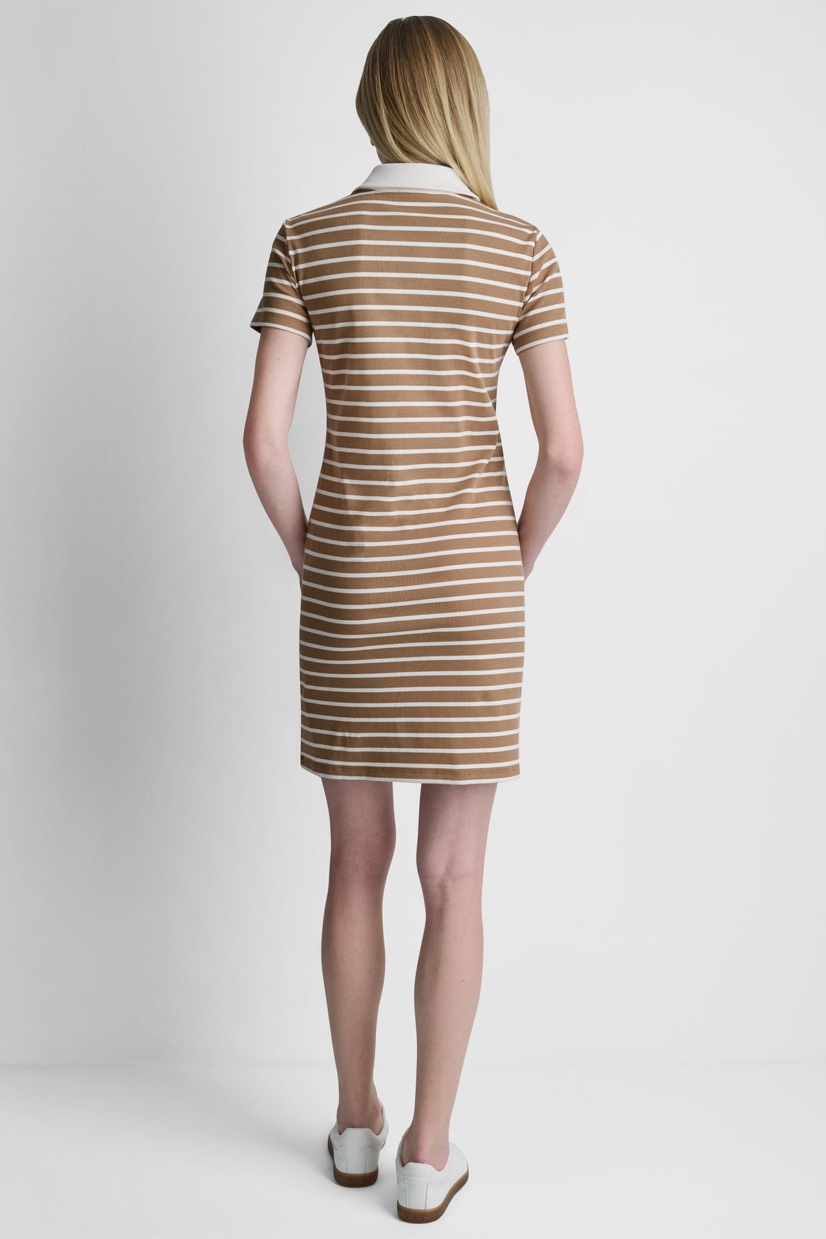 Truffle/Ivory DKNY COTTON-BLEND SHORT SLEEVE STRIPE MINI POLO DRESS