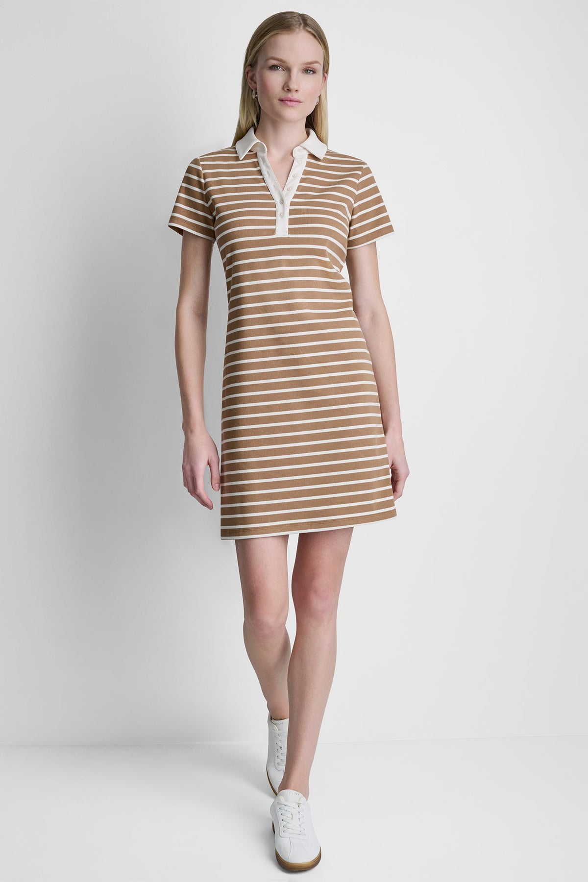 Truffle/Ivory DKNY COTTON-BLEND SHORT SLEEVE STRIPE MINI POLO DRESS