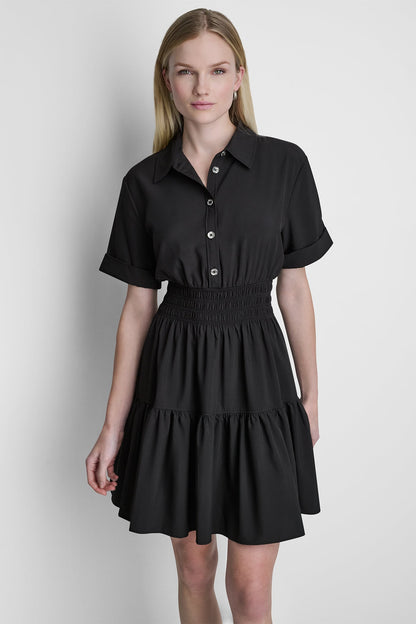 Black DKNY SMOCKED WAIST MINI SHIRT DRESS