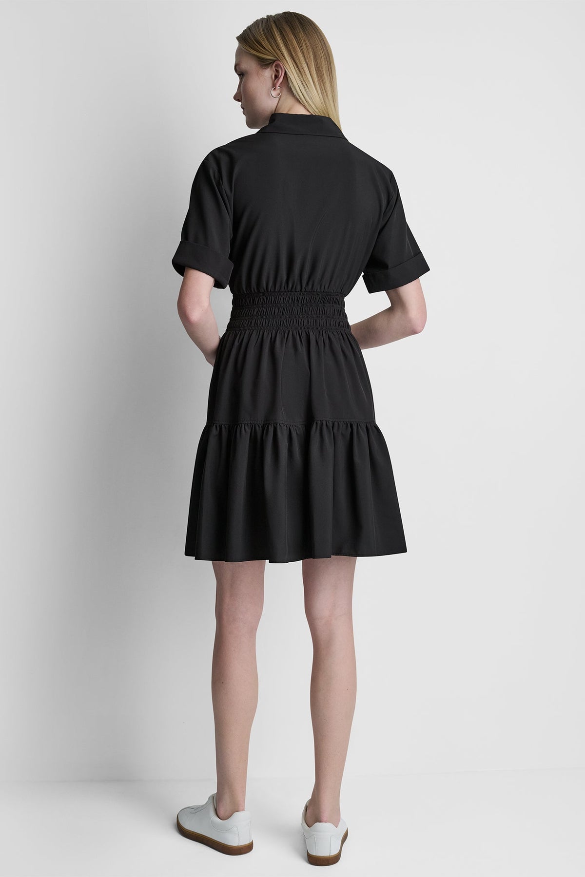 Black DKNY SMOCKED WAIST MINI SHIRT DRESS