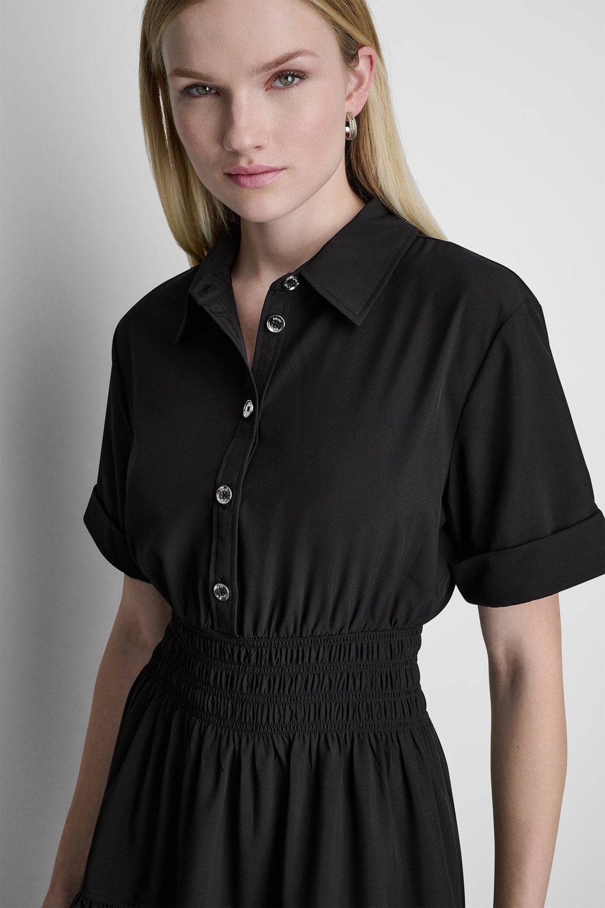 Black DKNY SMOCKED WAIST MINI SHIRT DRESS