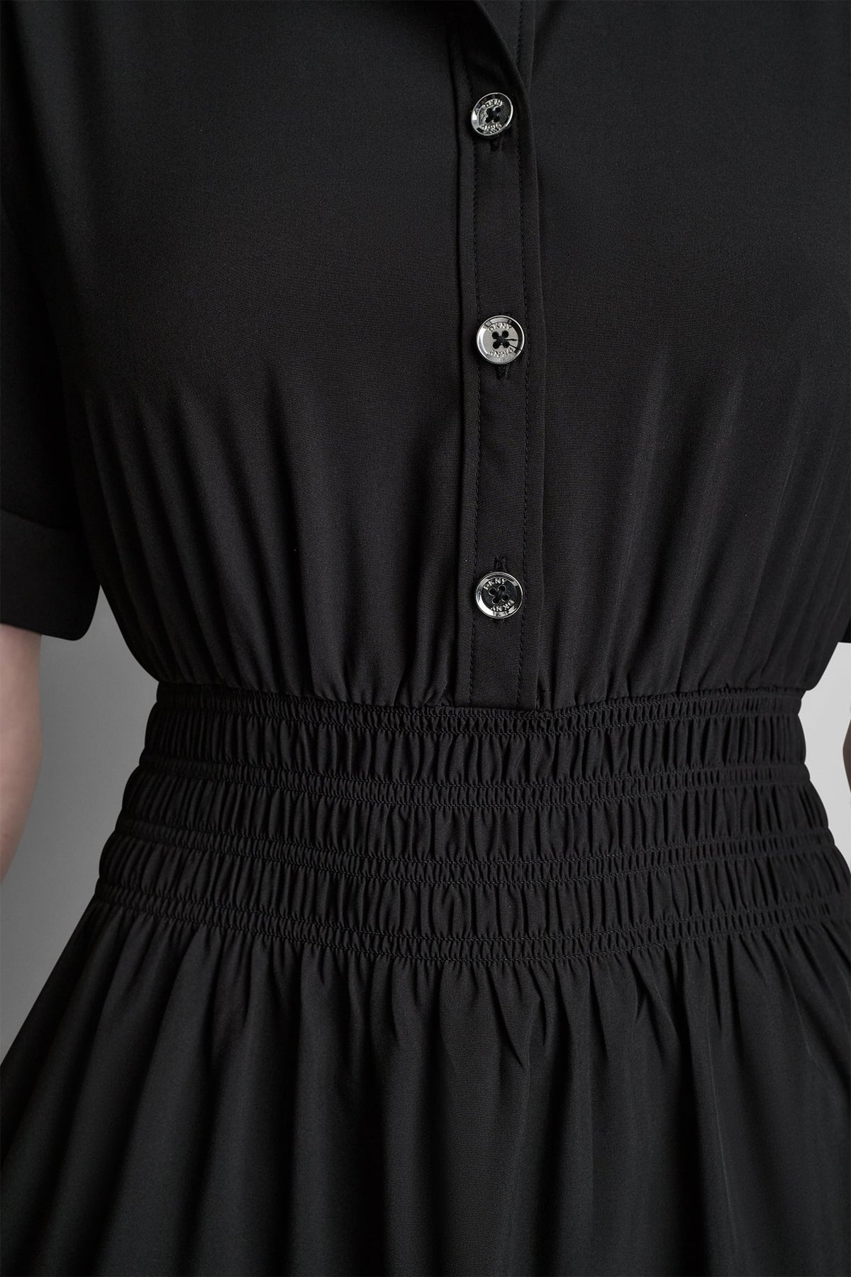 Black DKNY SMOCKED WAIST MINI SHIRT DRESS