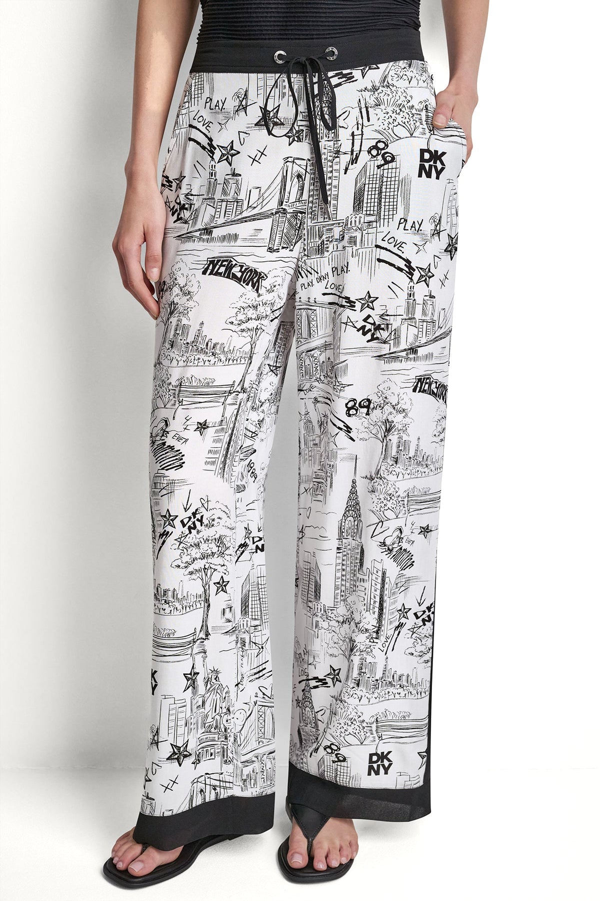 NY Toile Black DKNY PRINTED DRAWSTRING WIDE LEG PANT