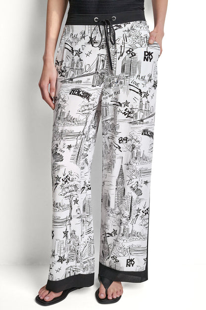 NY Toile Black DKNY PRINTED DRAWSTRING WIDE LEG PANT