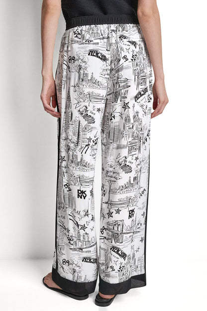 NY Toile Black DKNY PRINTED DRAWSTRING WIDE LEG PANT