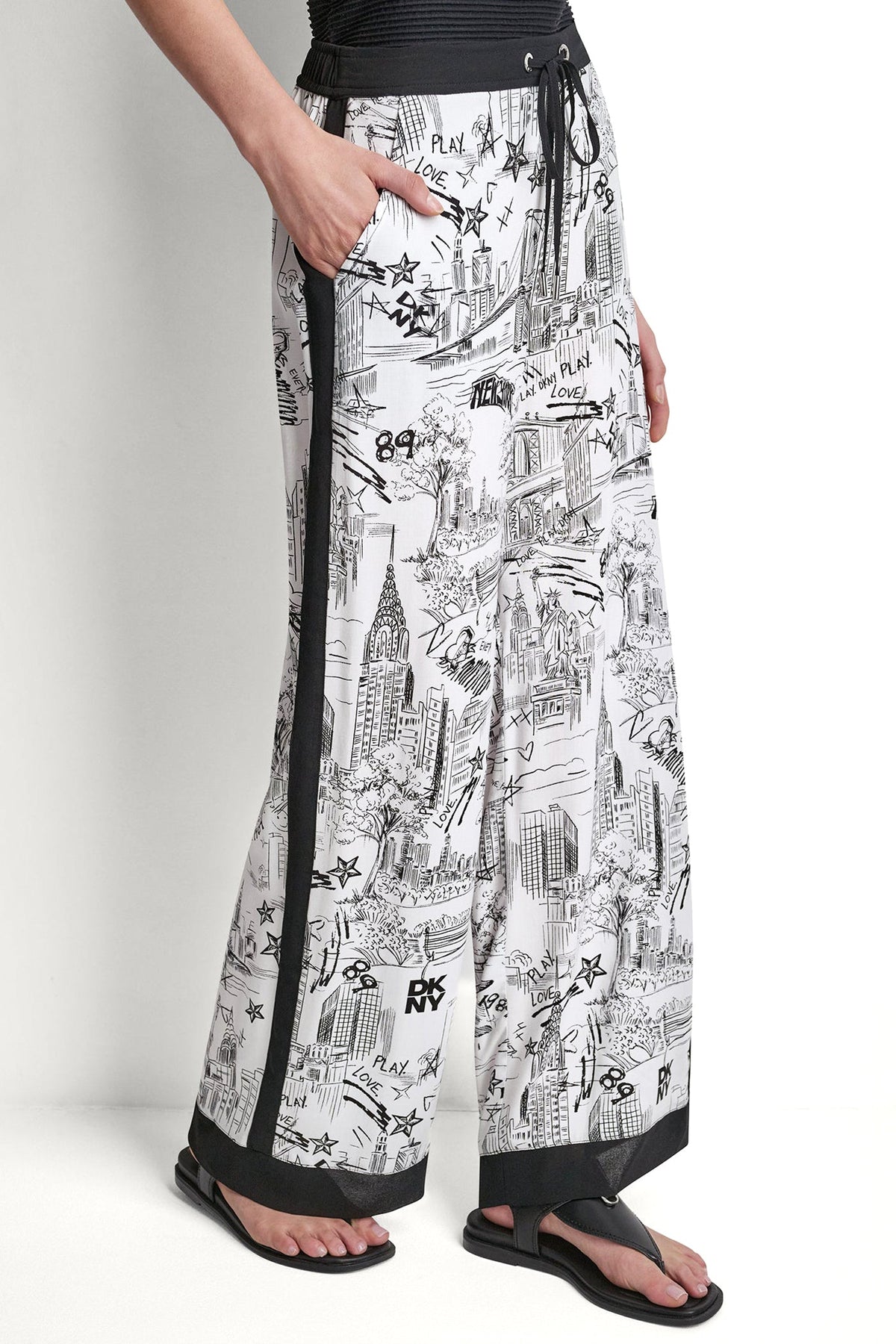 NY Toile Black DKNY PRINTED DRAWSTRING WIDE LEG PANT