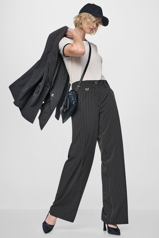 Black/Ivory DKNY PINSTRIPE WIDE-LEG COMMUTER PANT