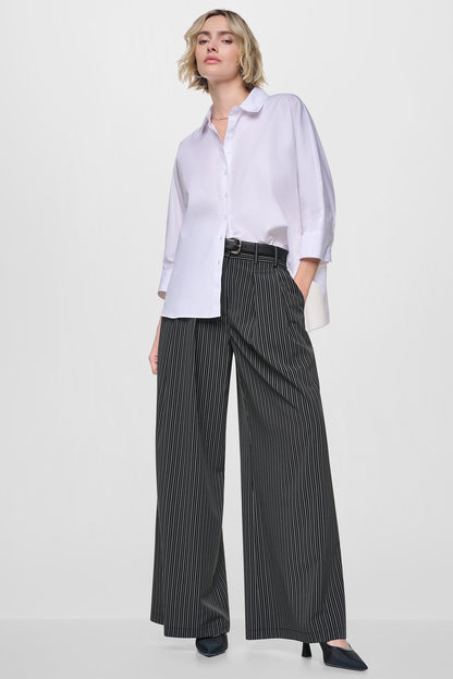 Black/Ivory DKNY PINSTRIPE PLEATED STRAIGHT LEG COMMUTER PANT