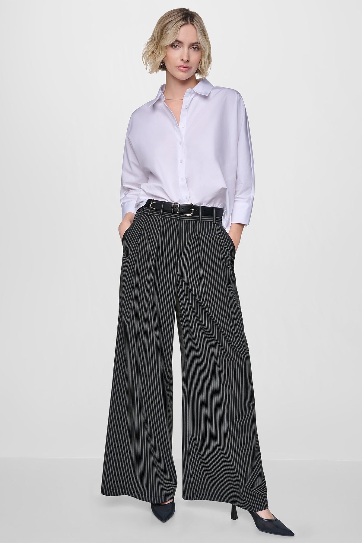 Black/Ivory DKNY PINSTRIPE PLEATED STRAIGHT LEG COMMUTER PANT