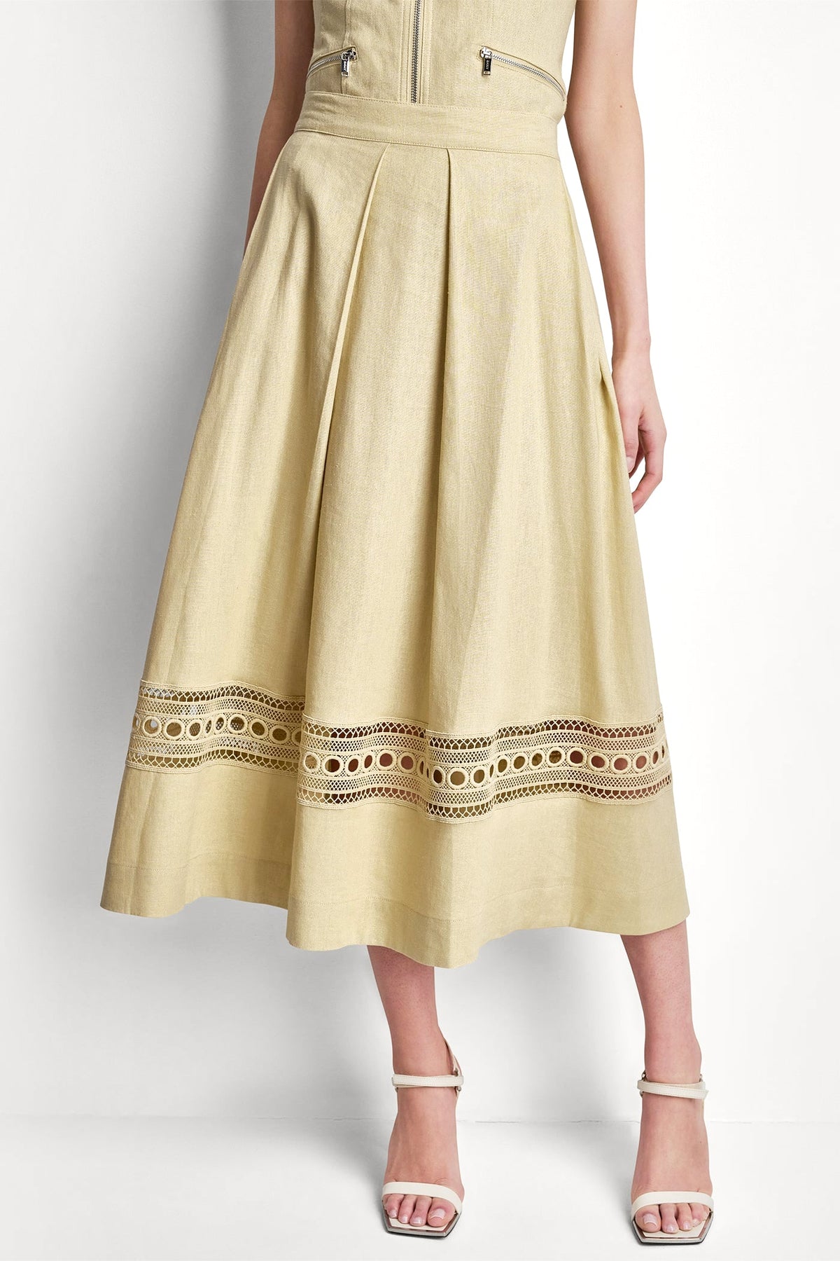 Mojave Desert DKNY LINEN-BLEND LOOP LACE-TRIMMED PLEATED MIDI SKIRT