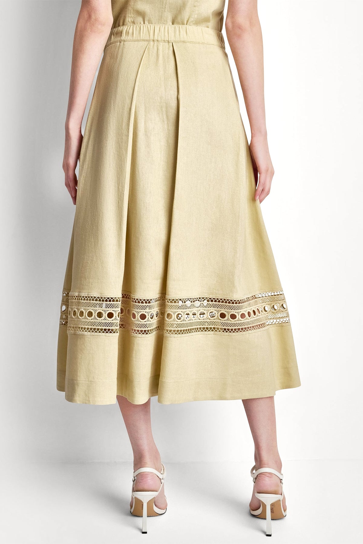 Mojave Desert DKNY LINEN-BLEND LOOP LACE-TRIMMED PLEATED MIDI SKIRT