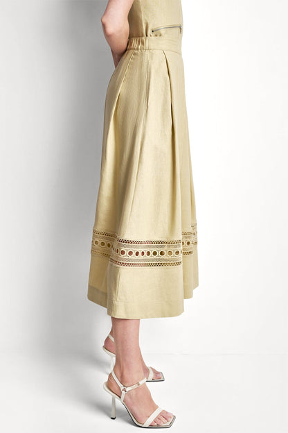 Mojave Desert DKNY LINEN-BLEND LOOP LACE-TRIMMED PLEATED MIDI SKIRT