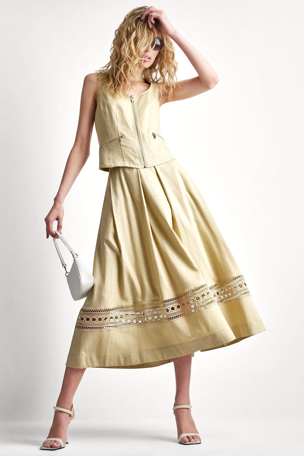 Mojave Desert DKNY LINEN-BLEND LOOP LACE-TRIMMED PLEATED MIDI SKIRT