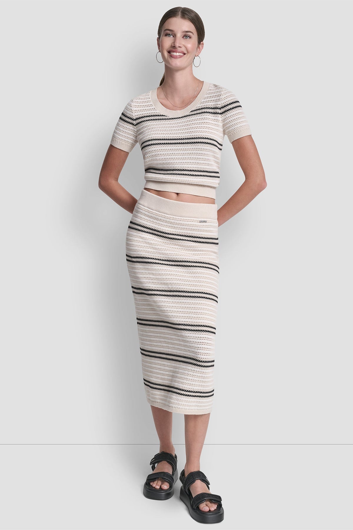 Natural/Ivory/Black DKNY STRIPED POINTELLE STITCH MIDI SKIRT